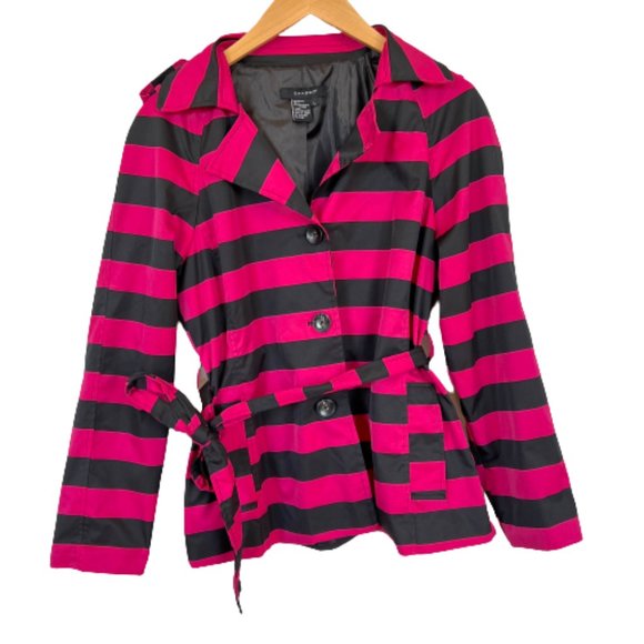 Sandro Hot Pink and Black Stripe Blazer Belted Jacket Women's Large - Picture 1 of 9